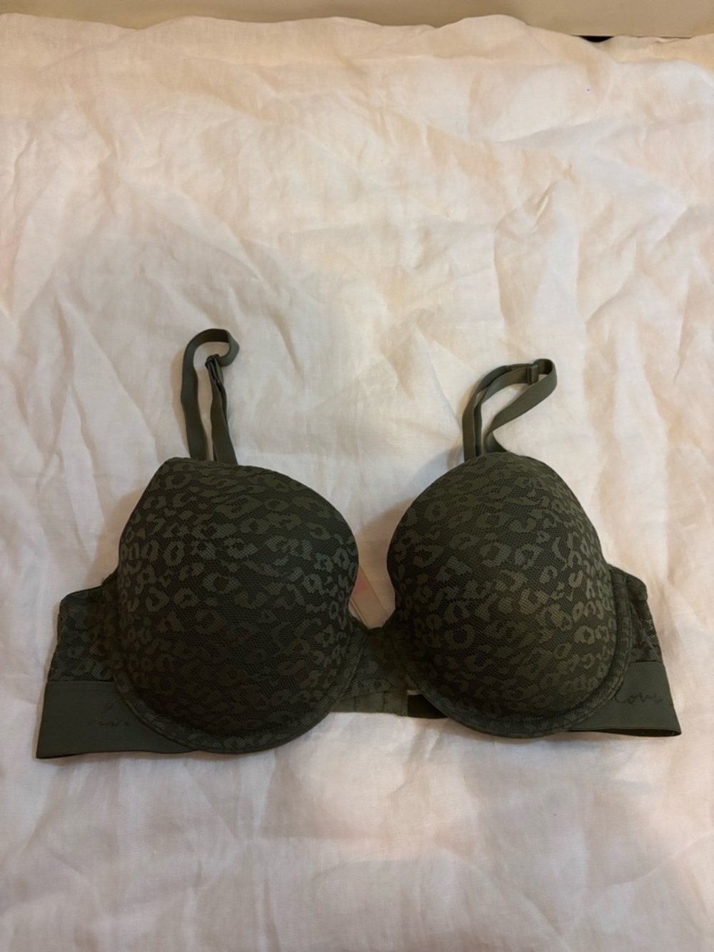 Victoria's Secret PINK Bra 34D Olive Green Lace Leopard T-shirt Lightly Lined